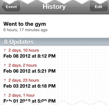 Screenshot of history listing for an event